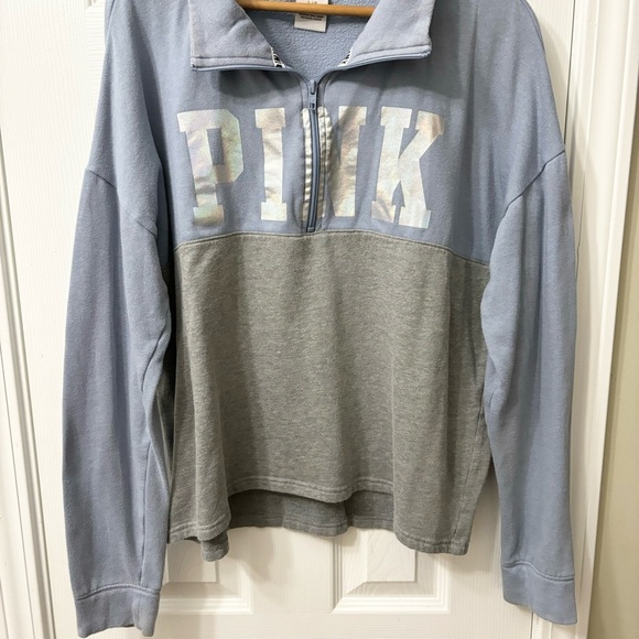 PINK Victorias Secret Blue Half Zip Holographic Spell Out Pullover Women’s Sz L - Picture 4 of 7